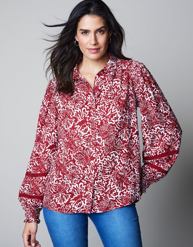 Chemise imprimée boutonnée avec macramé (bordeaux / écru)