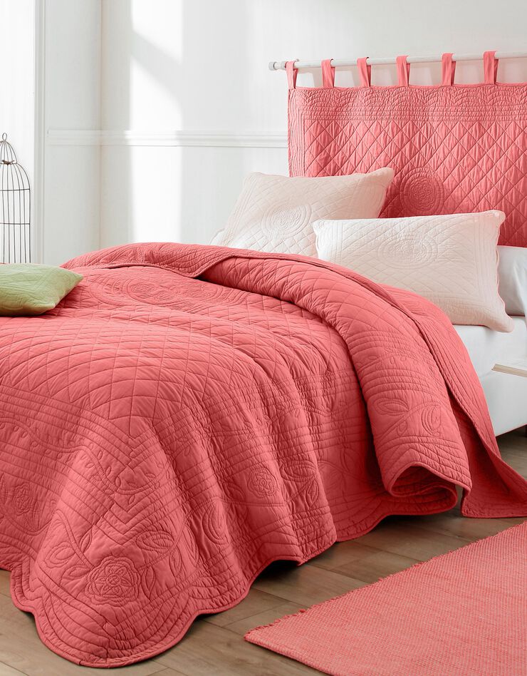 Tête de lit unie coton style boutis Cassandre (rose corail)