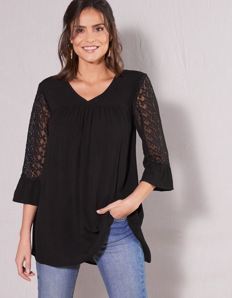 Blouse unie col V manches 3/4 macramé (noir) Blouse unie col V manches 3/4 macramé (noir)