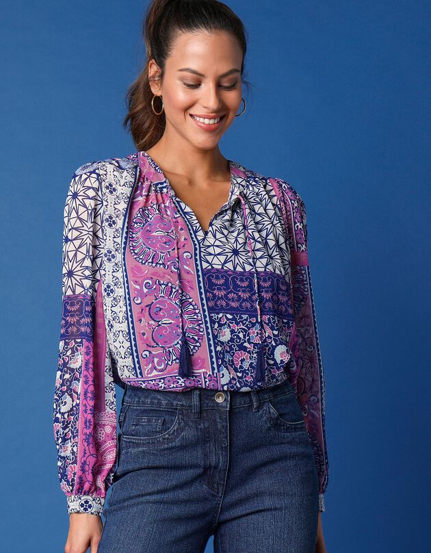 Blouse en voile imprimée manches longues bouffantes  (bleu / rose)