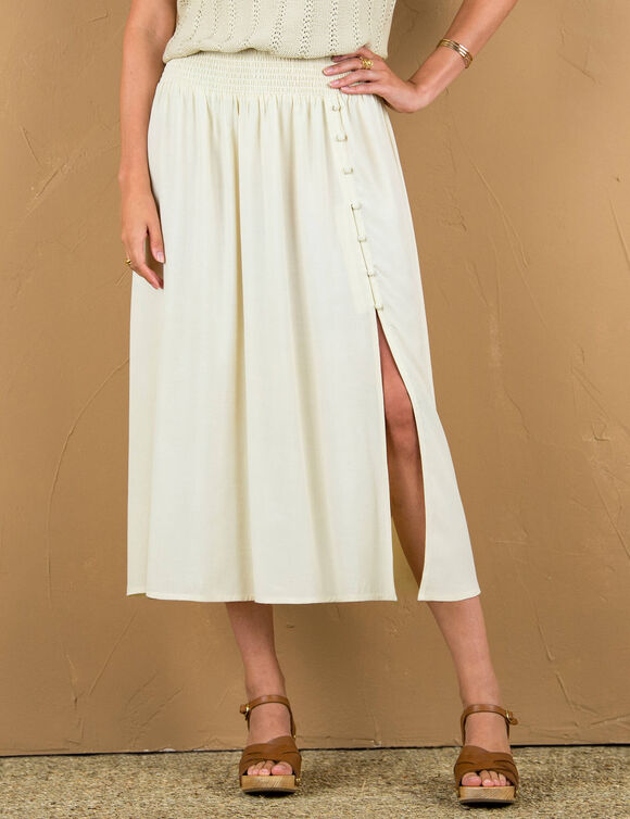 Jupe longue unie boutonnée, ceinture smockée (sable)