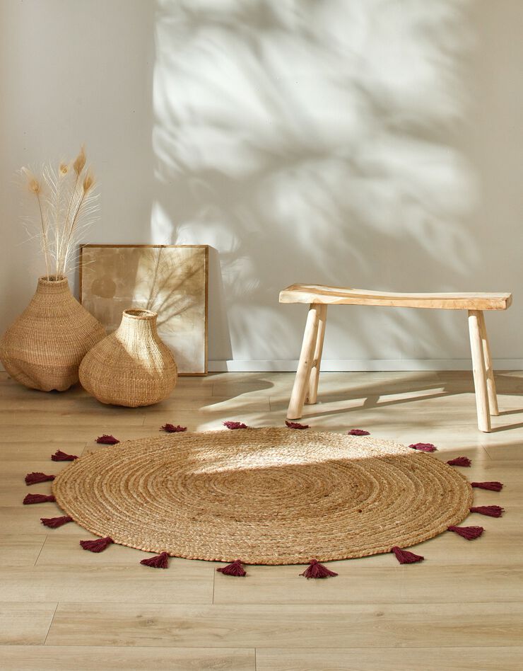 Tapis jute finition pompons - rond (bordeaux) Tapis jute finition pompons - rond (bordeaux)