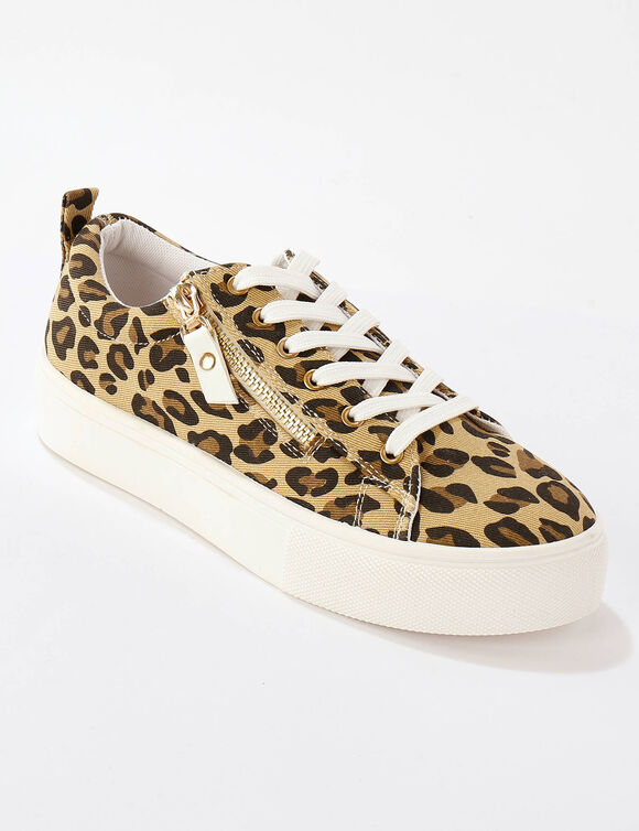 Tennis en toile compens&eacute;es zipp&eacute;es et lac&eacute;es imprim&eacute;es l&eacute;opard (beige / noir)