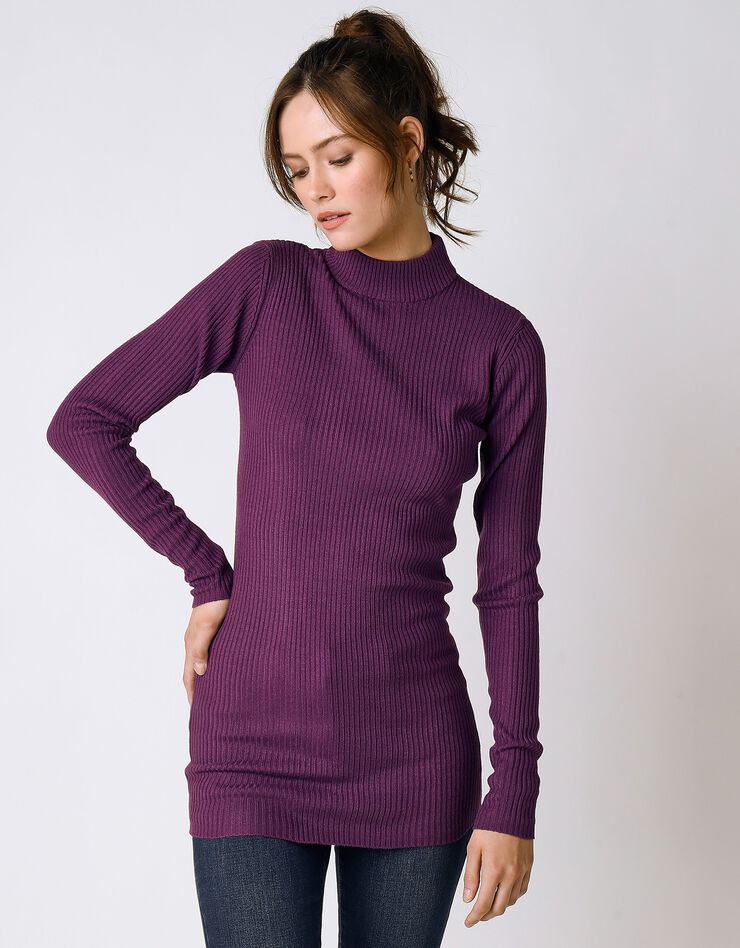 Pull col montant long, maille côtelée (violet) Pull col montant long, maille côtelée (violet)