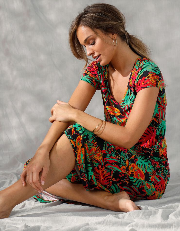 Robe longue manches courtes, maille imprimée (noir / vert)