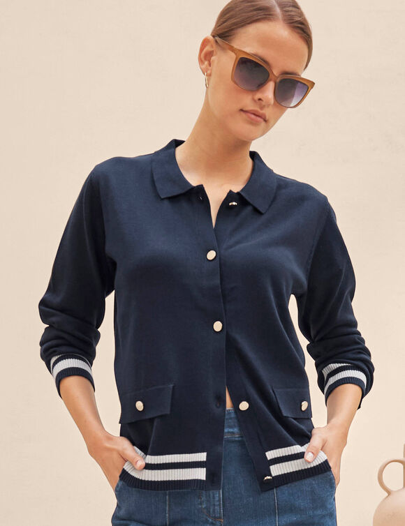 Gilet col polo, coton m&eacute;lang&eacute; (marine / blanc)