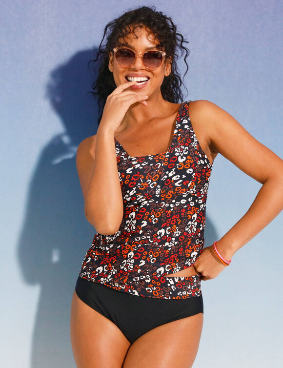 Haut de tankini adapté post-opératoire imprimé Tarafa (noir / paprika)