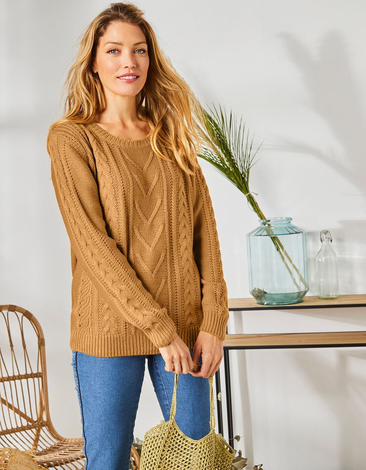 Pull femme col rond torsadé toucher cachemire, manches longues (curry) Pull femme col rond torsadé toucher cachemire, manches longues (curry)