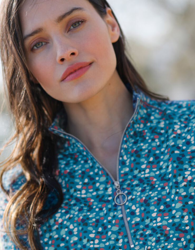 Tee-shirt col montant zippé imprimé (bleu canard) Tee-shirt col montant zippé imprimé (bleu canard)