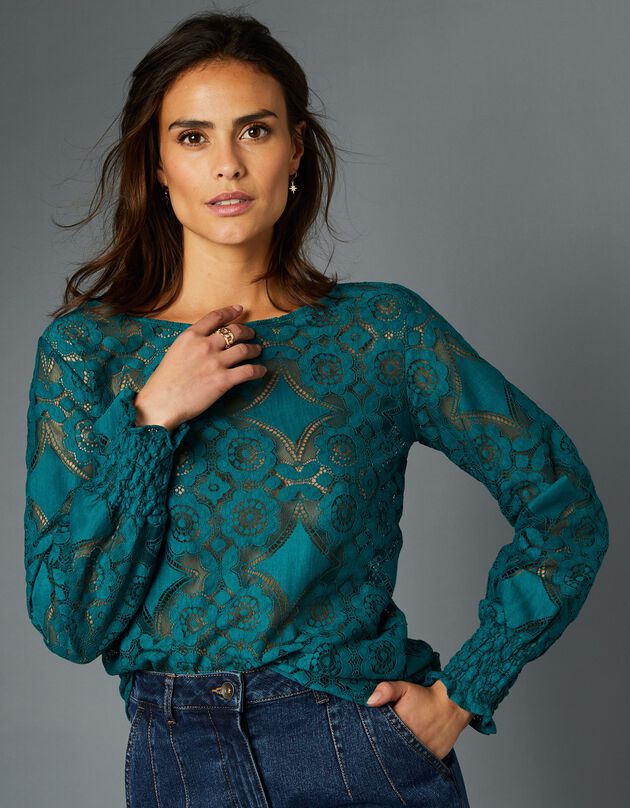 Tee-shirt dentelle manches longues blousantes (vert émeraude)