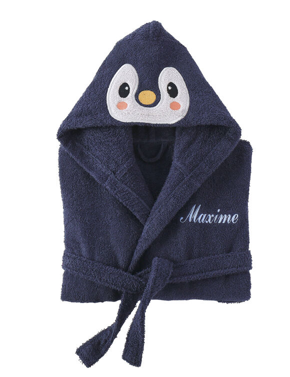 Peignoir de bain enfant personnalisable Pingouin, &agrave; capuche (bleu)