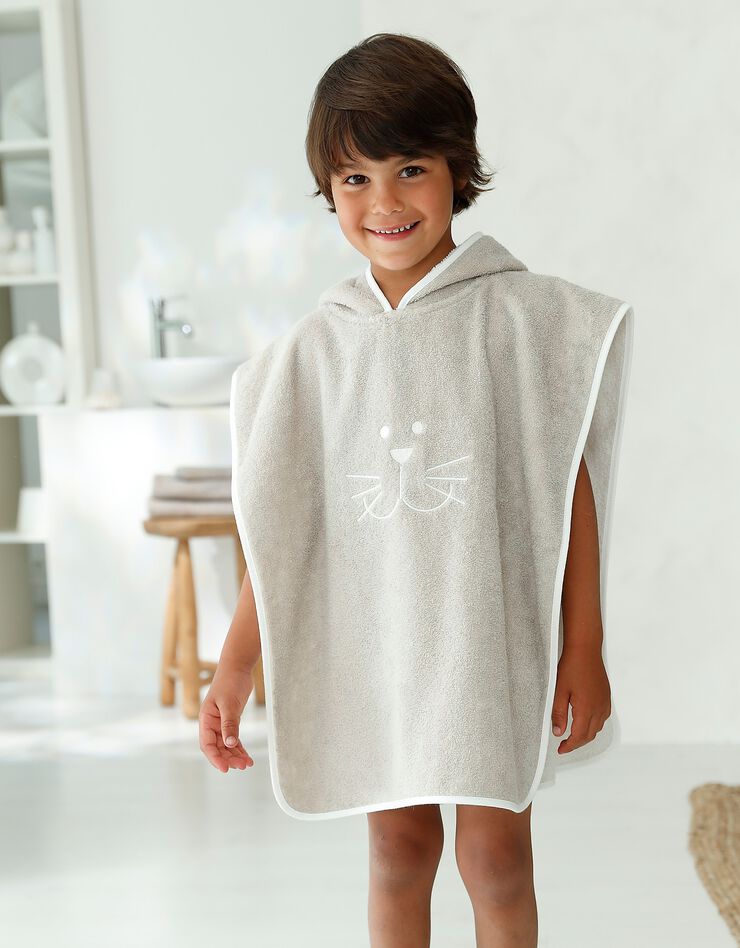 Poncho de bain à capuche enfant brodé chat coton - 450g/m2 (taupe) Poncho de bain à capuche enfant brodé chat coton - 450g/m2 (taupe)