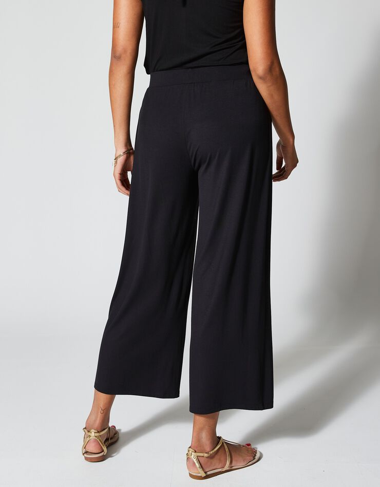 Pantalon large 7/8ème taille élastiquée maille fluide unie (noir)