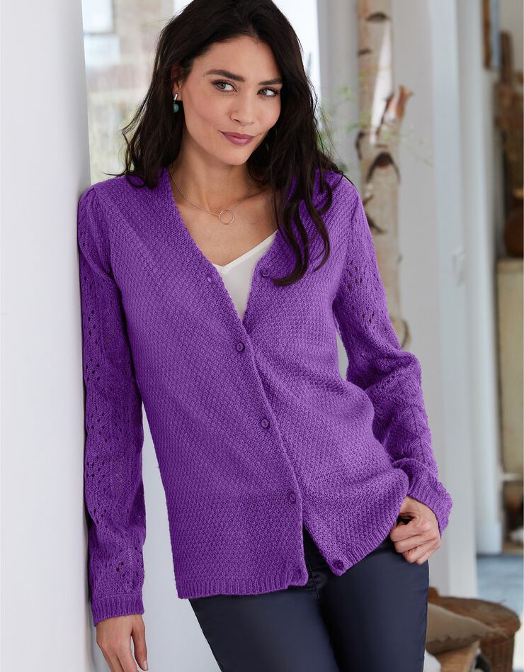 Gilet boutonné maille fantaisie toucher mohair (violine) Gilet boutonné maille fantaisie toucher mohair (violine)