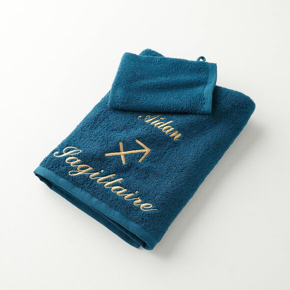Serviettes de bain brodées Sagittaire personnalisable - 420g/m2 (bleu paon)