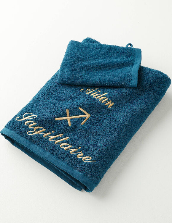 Serviettes de bain brodées Sagittaire personnalisable - 420g/m2 (bleu paon)