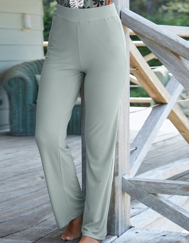 Pantalon large maille côtelée taille élastiquée (vert grisé)
