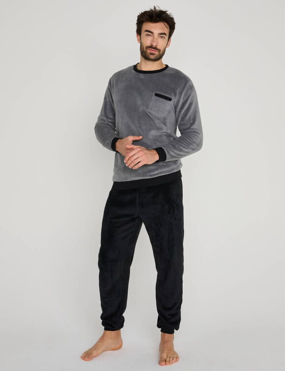 Pyjama pantalon bicolore maille polaire manches longues (gris)