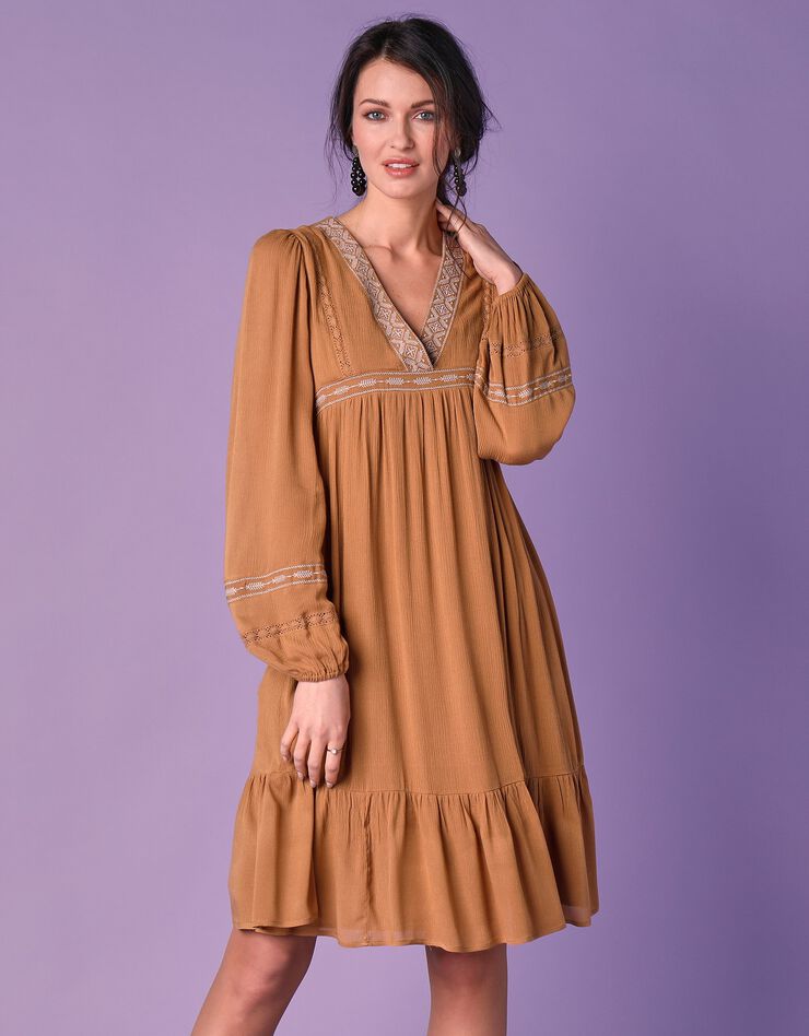 Robe folk unie brodée (moutarde)