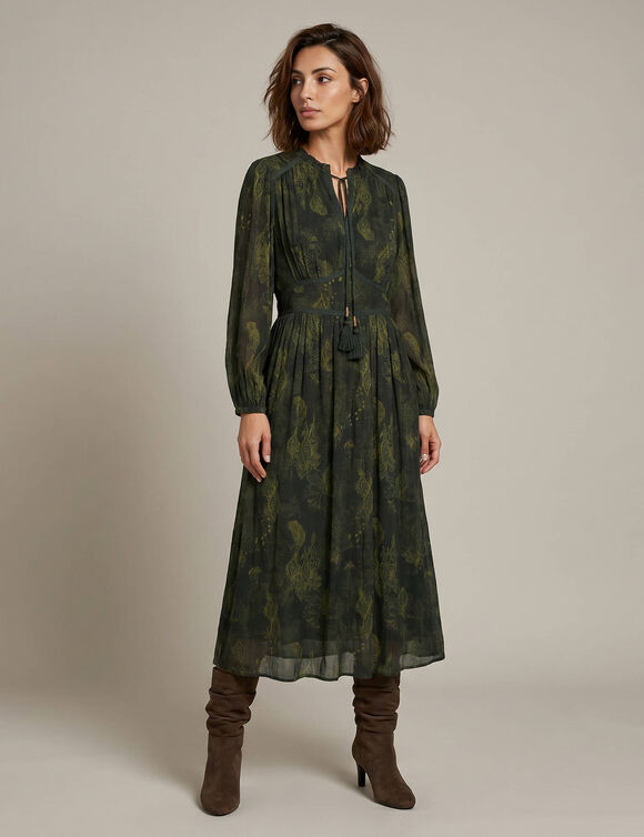 Robe longue col montant, cr&eacute;pon imprim&eacute; python (kaki)