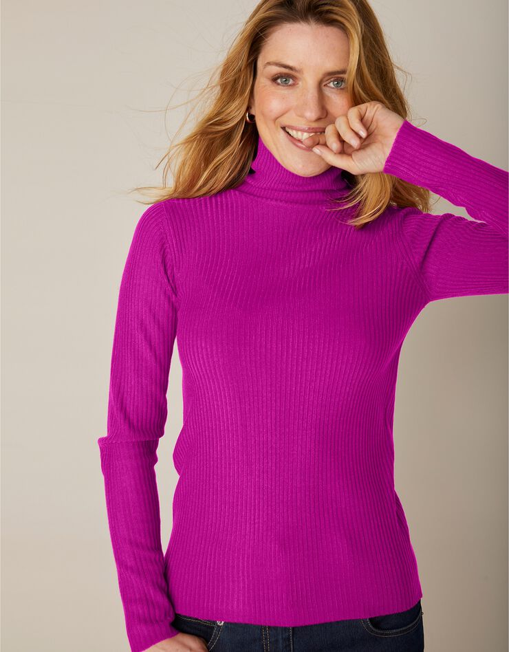 Pull col roulé uni maille côtelée (rose fuchsia) Pull col roulé uni maille côtelée (rose fuchsia)