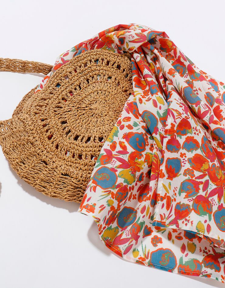 Foulard style chèche fabriqué en France imprimé printanier, 160 x 70 cm - coton (écru / corail) Foulard style chèche fabriqué en France imprimé printanier, 160 x 70 cm - coton (écru / corail)