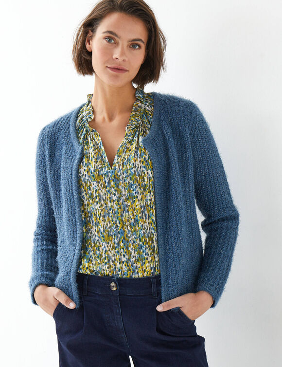 Gilet paletot, maille perl&eacute;e fils brillants (bleu gris&eacute;)