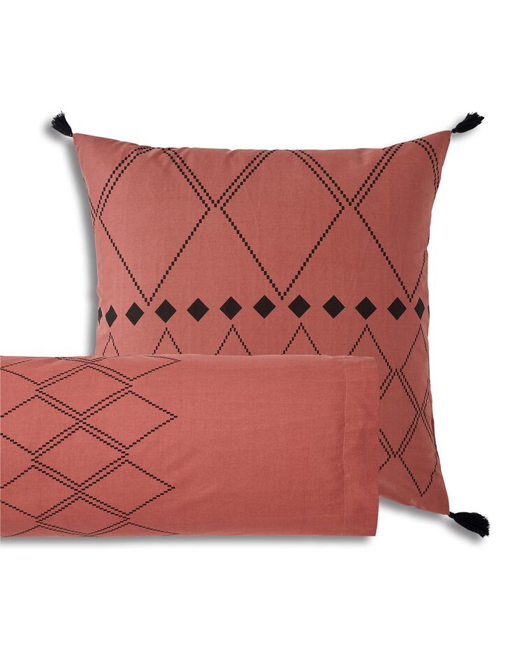 Linge de lit Massai coton à motifs graphiques et finitions pompons (terracotta)