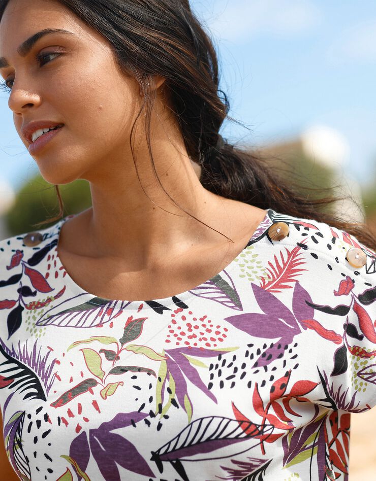 Tee-shirt col rond imprimé tropical (écru / violine) Tee-shirt col rond imprimé tropical (écru / violine)
