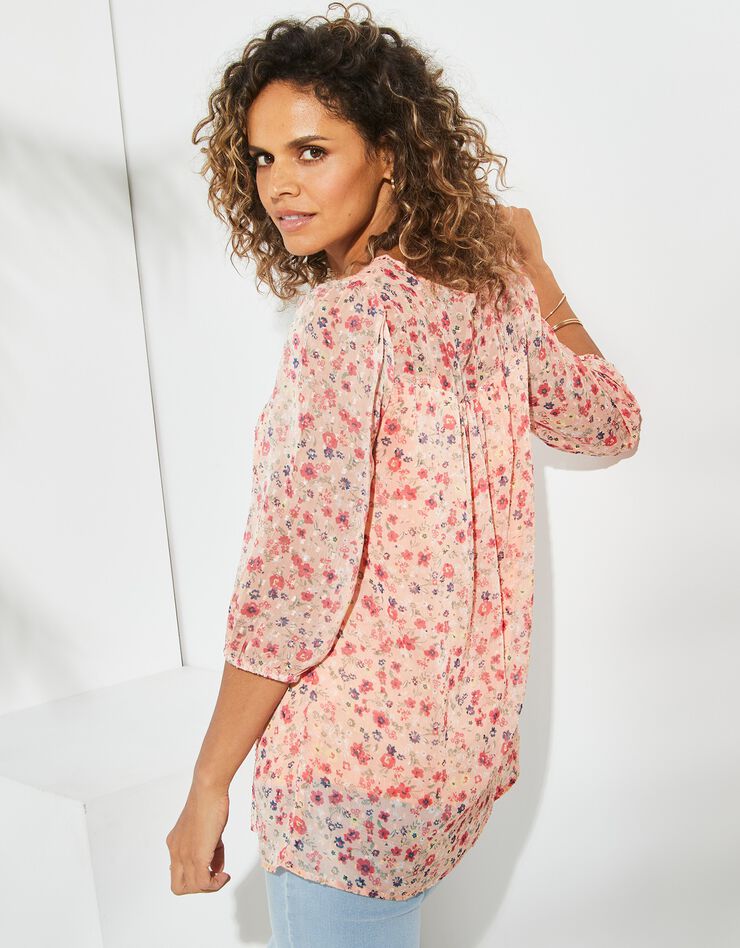 Blouse macramé imprimée, voile plumetis (mangue / corail) Blouse macramé imprimée, voile plumetis (mangue / corail)