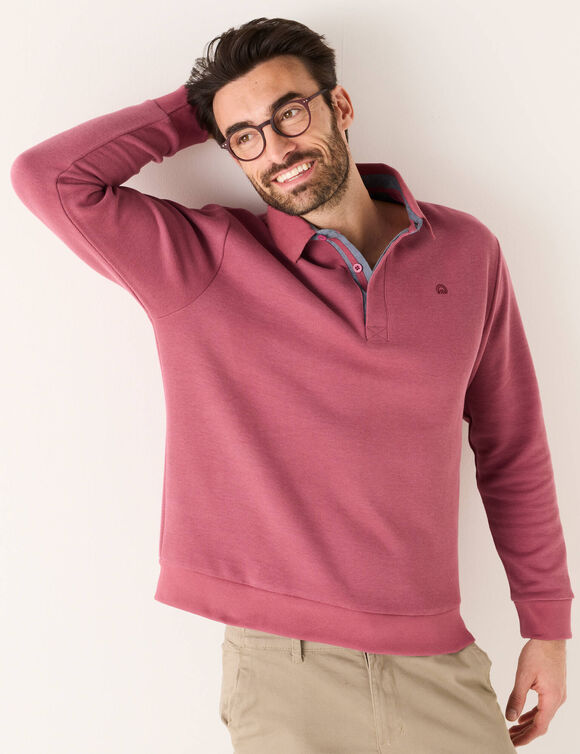 Sweat chaud col polo brod&eacute; poitrine maille c&ocirc;tel&eacute;e (rose fonc&eacute;)