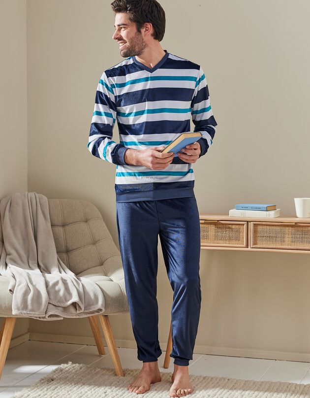 Pyjama col V maille velours manches longues (bleu canard / marine)