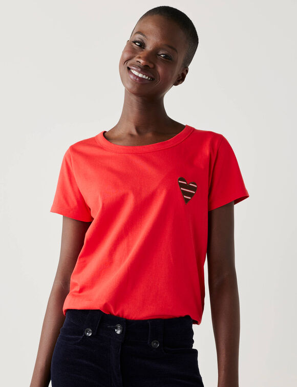 T-shirt uni brod&eacute; coeur manches courtes (rouge)