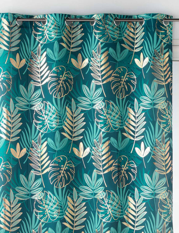Rideau &agrave; &oelig;illets motif tropical, d&eacute;tails m&eacute;tallis&eacute;s (&eacute;meraude / dor&eacute;)