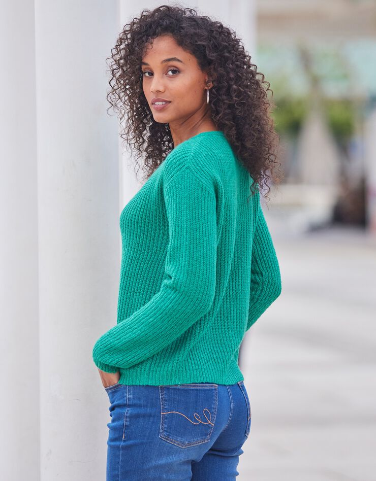 Cardigan boutons façon perles, maille anglaise (vert)