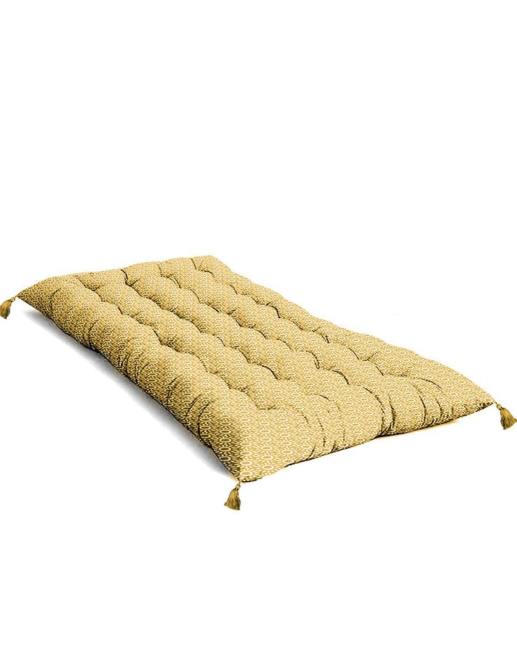Coussin de sol imprimé finition pompons - coton (ocre) Coussin de sol imprimé finition pompons - coton (ocre)