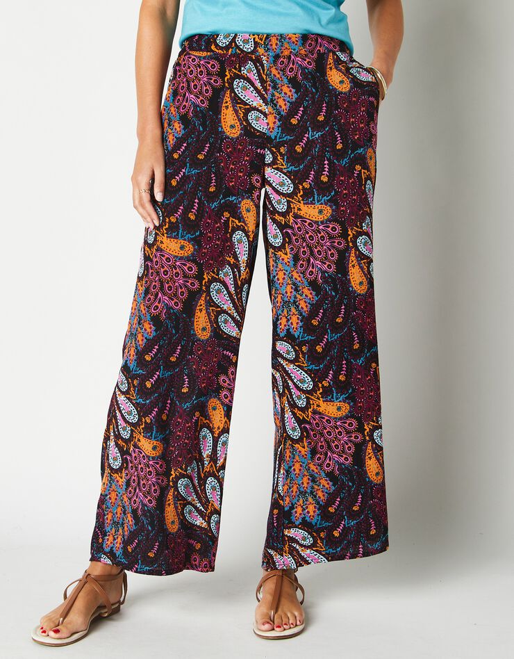 Pantalon large 7/8ème imprimé, crépon (noir / bleu) Pantalon large 7/8ème imprimé, crépon (noir / bleu)
