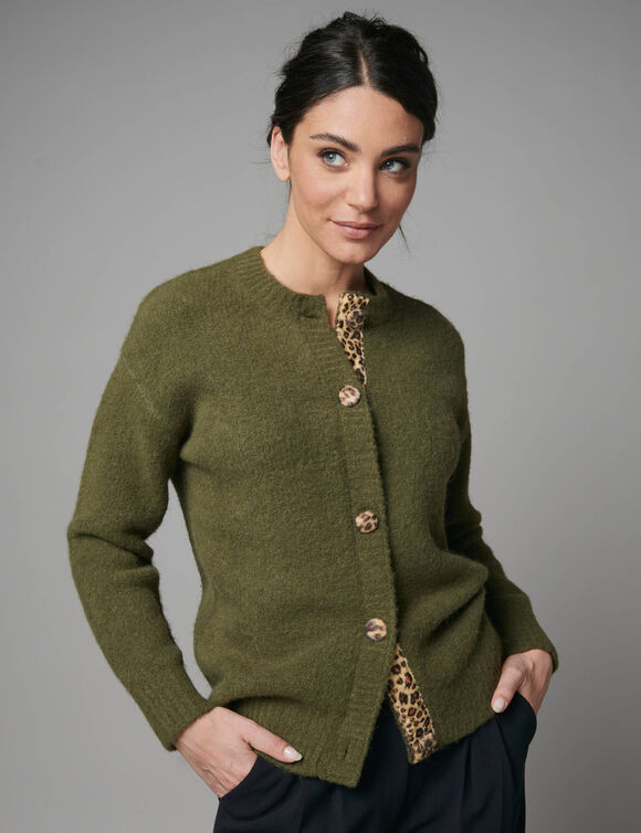 Gilet maille moelleuse en laine m&eacute;lang&eacute;e, d&eacute;tails imprim&eacute; l&eacute;opard (vert)