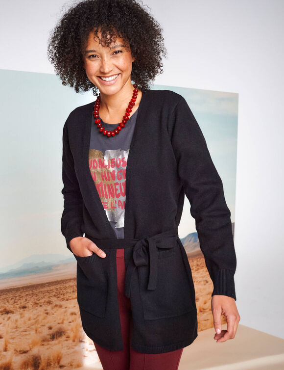 Gilet long, ceinture à nouer (noir)