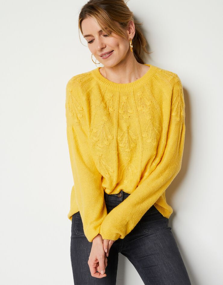 Pull manches longues torsades et pompons (jaune) Pull manches longues torsades et pompons (jaune)