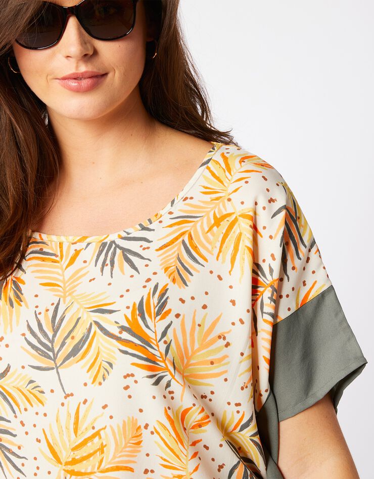 Blouse poncho imprimé feuillage (écru / kaki) Blouse poncho imprimé feuillage (écru / kaki)
