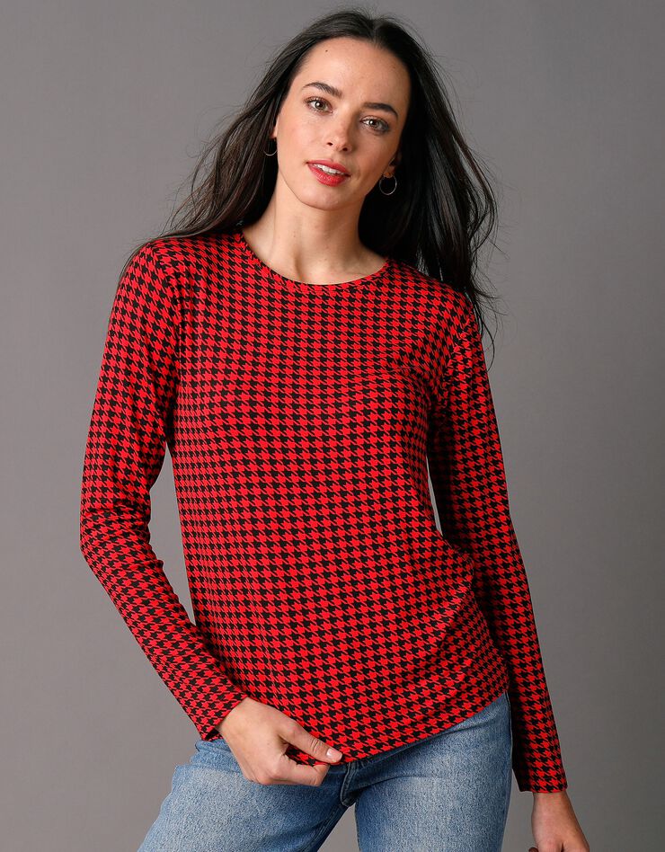 Tee-shirt col rond imprimé pied-de-poule, stretch (noir / rouge) Tee-shirt col rond imprimé pied-de-poule, stretch (noir / rouge)