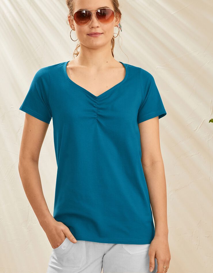 Tee-shirt col carré froncé uni coton bio (bleu paon)