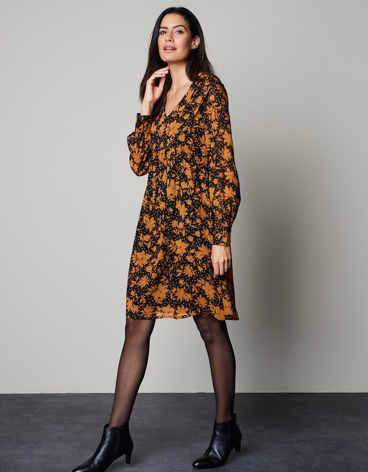 Robe voile Georgette imprimé végétal stylisé (noir / caramel) Robe voile Georgette imprimé végétal stylisé (noir / caramel)