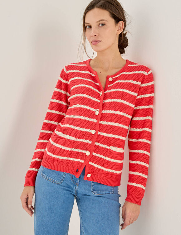 Cardigan ray&eacute; &agrave; boutons officier, maille fantaisie. (rouge / &eacute;cru)