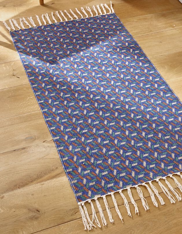 Tapis tissé petit format imprimé géométrique - rectangulaire (bleu / écru)