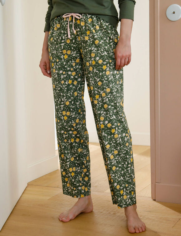 Pantalon pyjama coton imprim&eacute; floral (kaki / miel)