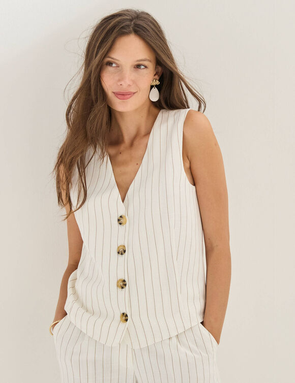 Veste style cafetier sans manches ray&eacute;e, viscose-lin (blanc cass&eacute;)