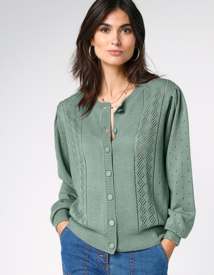 Cardigan boutonné maille ajourée (vert grisé) Cardigan boutonné maille ajourée (vert grisé)