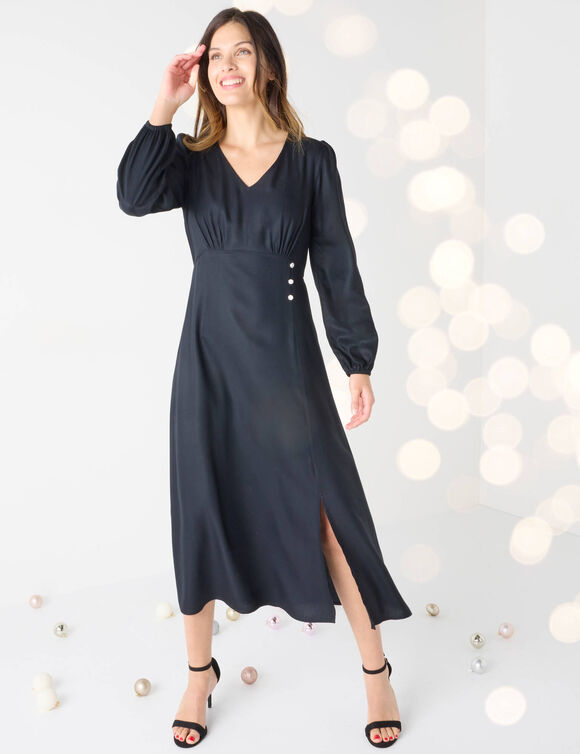 Robe longue fluide col V unie (noir)